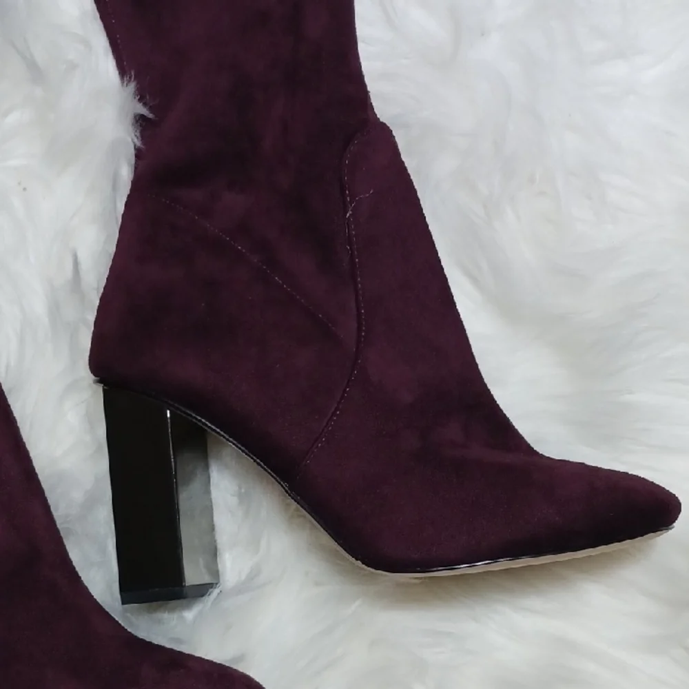 NWT Michael Kors Purple Over Knee High Heel Boots, Suede, Metalic Heels